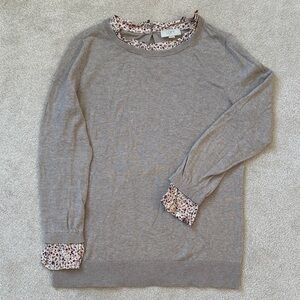 LOFT Heather Taupe Sweater with Floral Trim